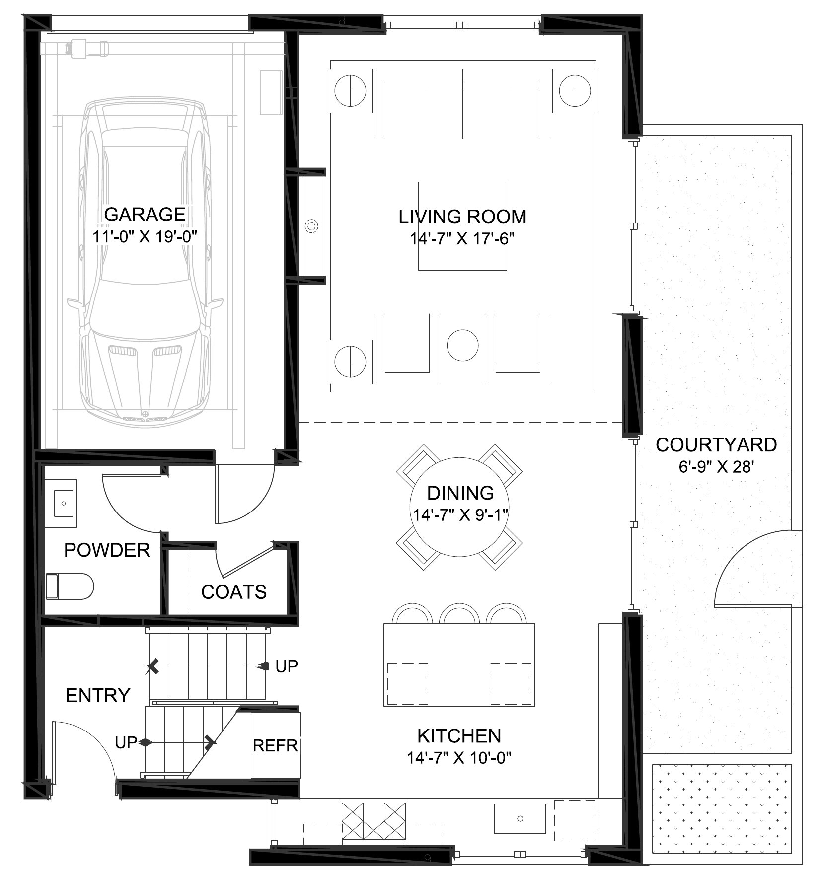 917 Hilldale Avenue, West Hollywood, CA 90069: Lower level floor plan, Entry, living, dining & kitchen