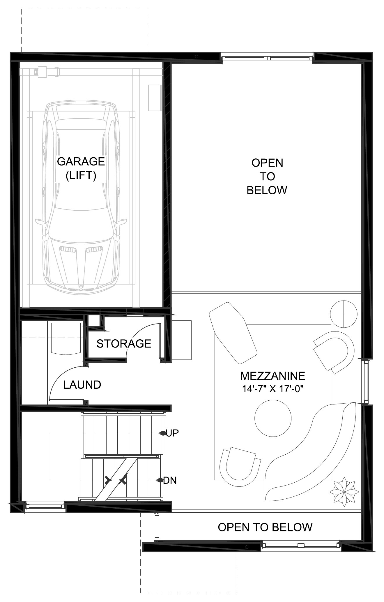 917 Hilldale Avenue, West Hollywood, CA 90069: Mezzanine level floor plan, Lounge, laundry & lift garage
